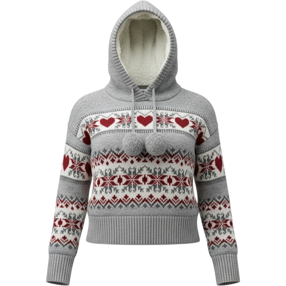 Ruby Moon Women Grey Fair Isle Heart Snowflake Knit Hoodie Sweater Pom Poms Med